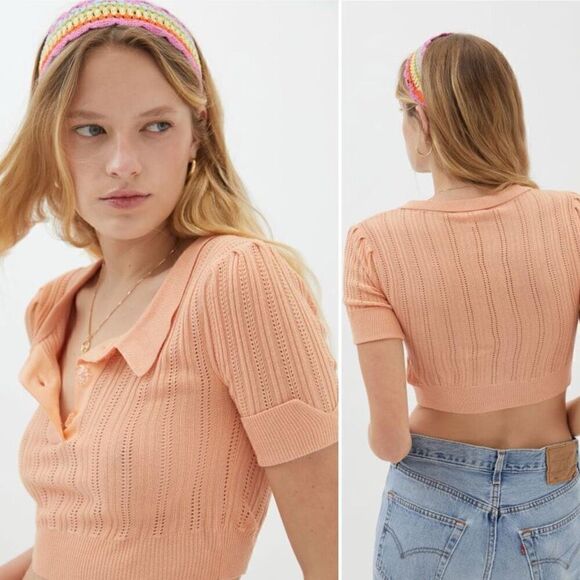 For Love & Lemon Phoebe Pointelle Polo Sweater Sherbet Size M Sweet Coquette - Picture 7 of 15